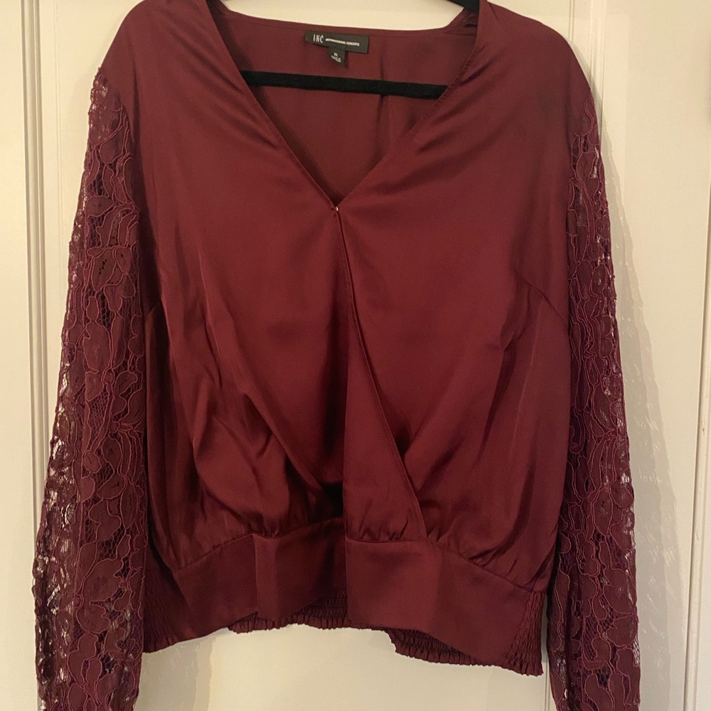 INC International Concepts Wine Lace-Sleeve V-Neck Blouse